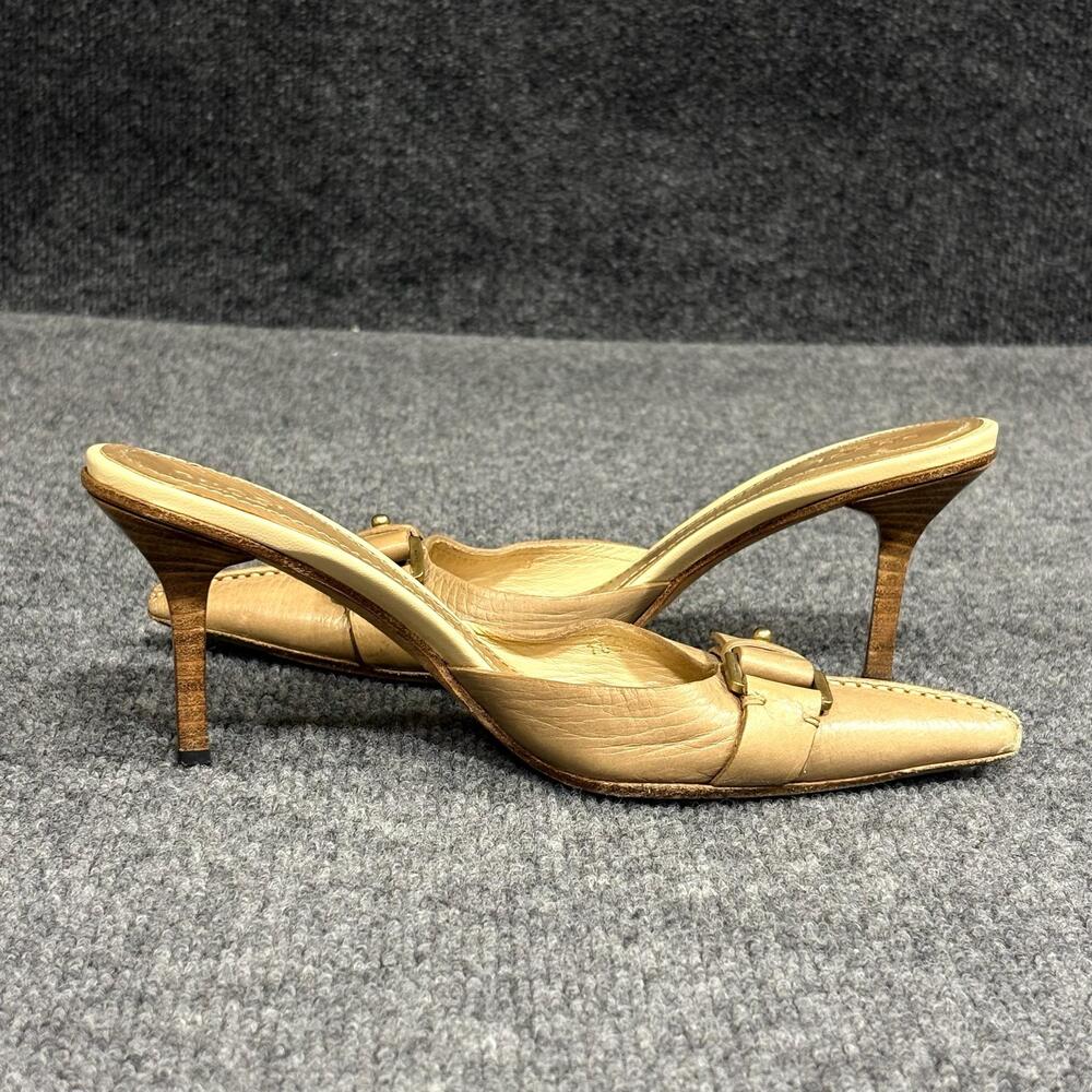 Gucci Shoes Womens 5.5 Beige Leather Pointed Toe Leather Mule Heels Buckle Italy
